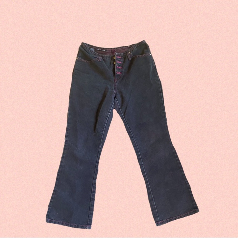 High rise black straight leg No Boundaries hot pink stitched jeans